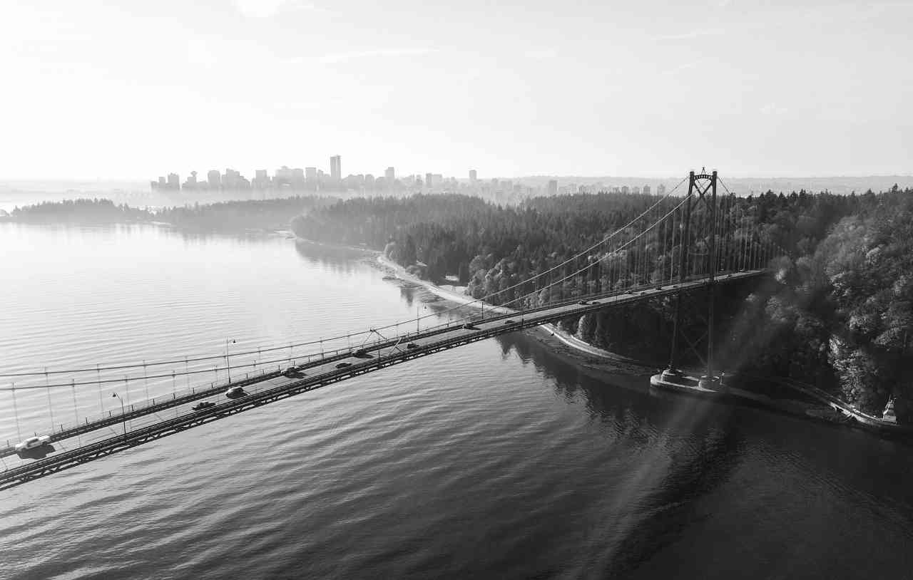 Lions Gate bridge in Vancouver Canada, overlooking downtown from north shore